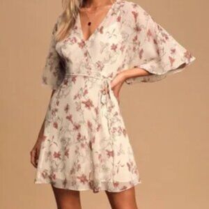 Lulus All Along Beige Floral Print Faux Wrap Mini Dress Size small NWT $58